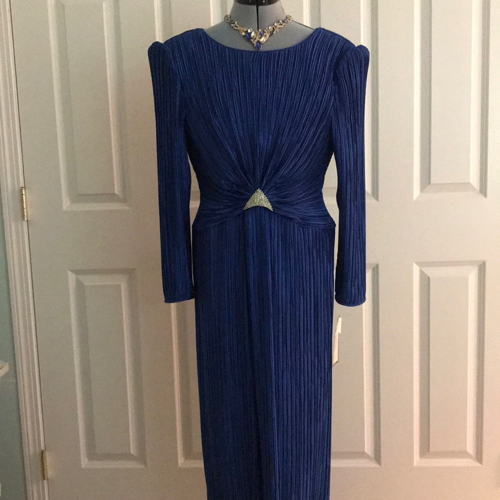 New George F Couture Elegant Royal Blue Pleated Rhinestone Evening Dress 12